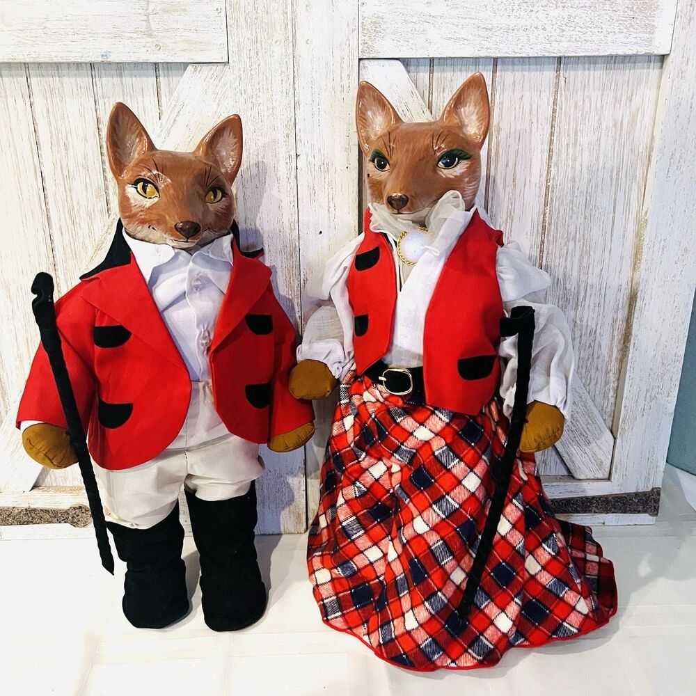 Vintage Fox Doll Pair Equestrian Hunt Porcelain Heads Hands 14” Mr & Mrs